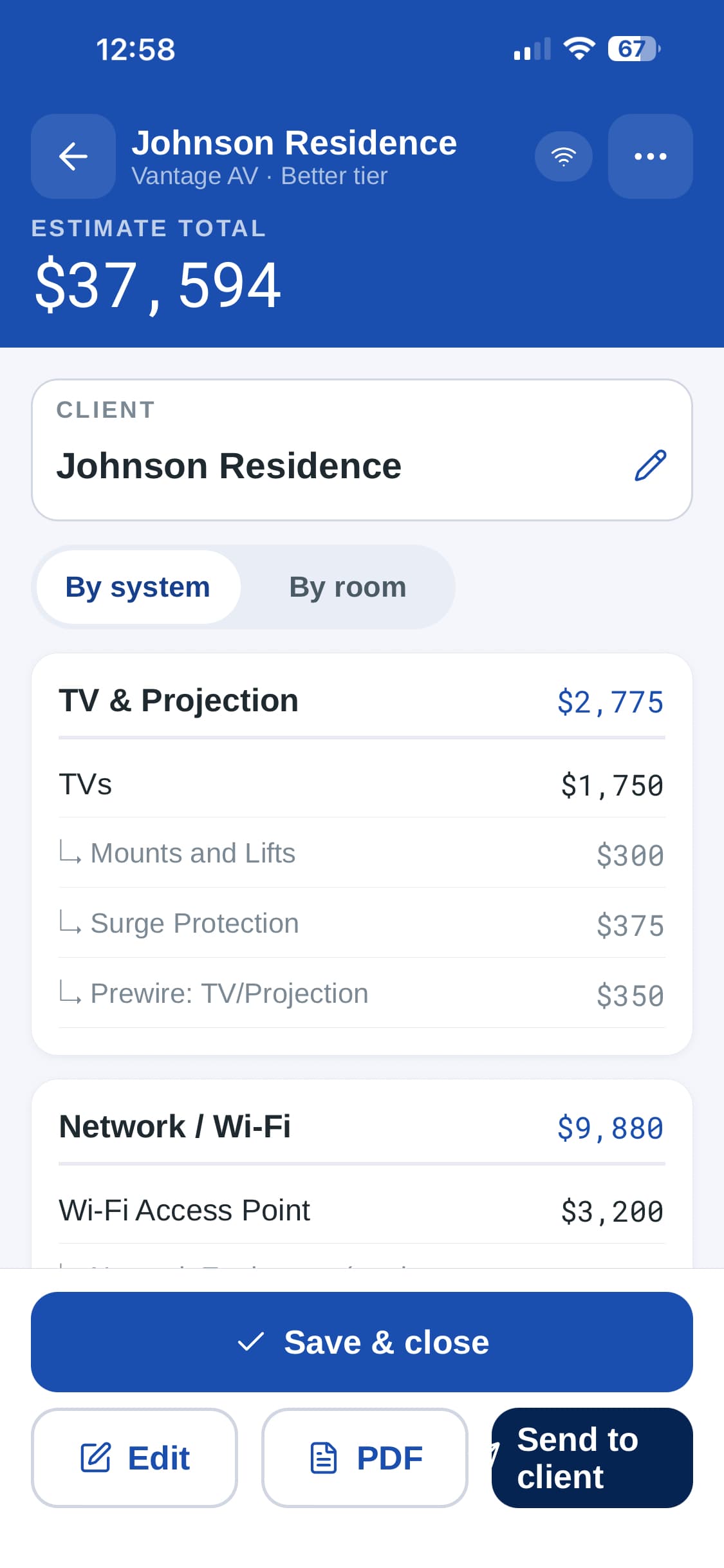 A Qualifier estimate on a phone — Johnson Residence, $37,594